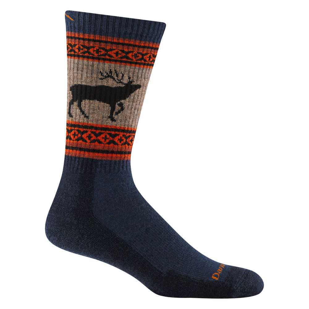 1980 men's vangrizzle boot hiking sock in color eclipse with orange and blue striping around calf and black elk design