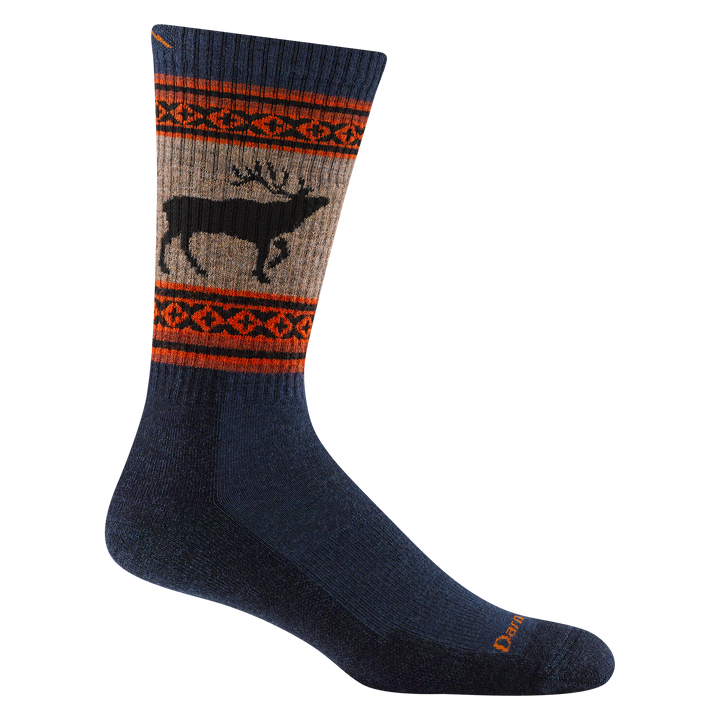 1980 men's vangrizzle boot hiking sock in color eclipse with orange and blue striping around calf and black elk design
