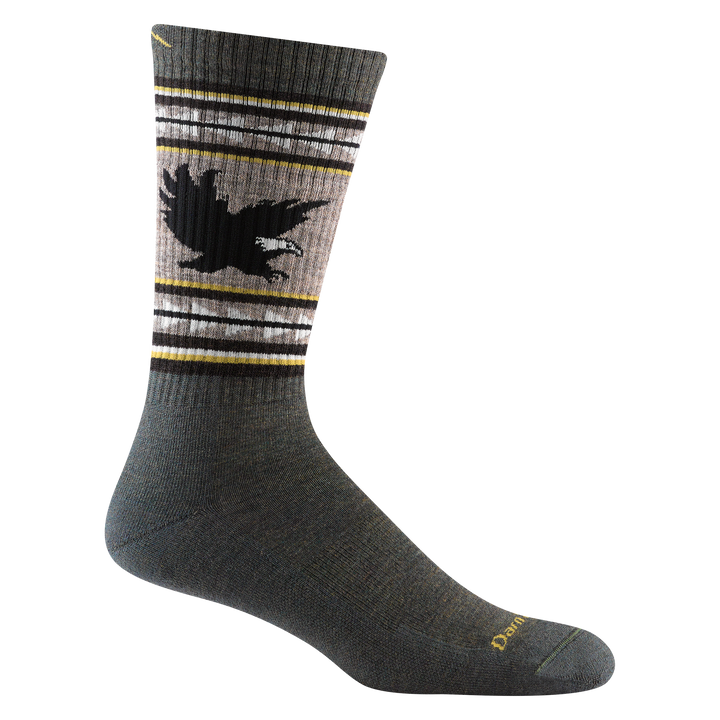 1980 men's vangrizzle boot hiking sock in color gray with yellow and black striping around calf and black eagle design
