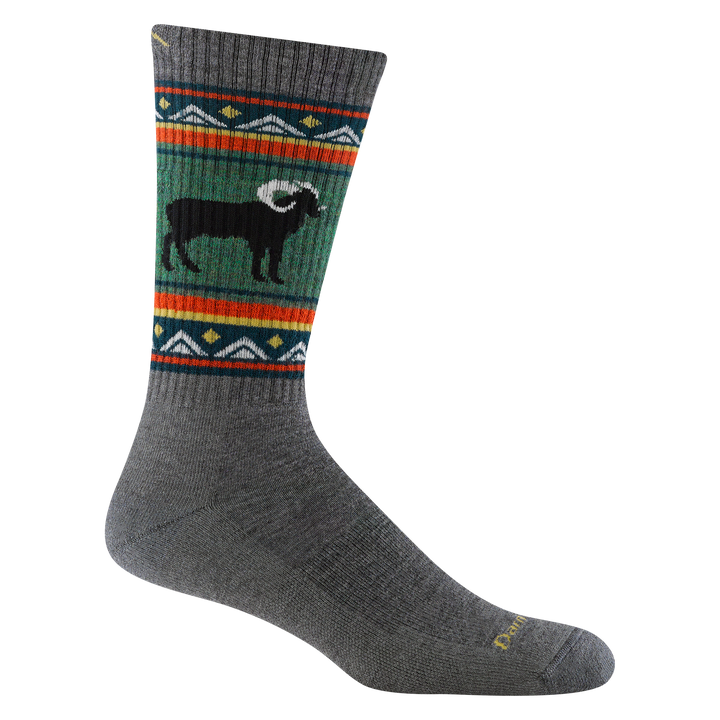 1980 men's vangrizzle boot hiking sock in color gray with green and orange striping around calf and black ram design