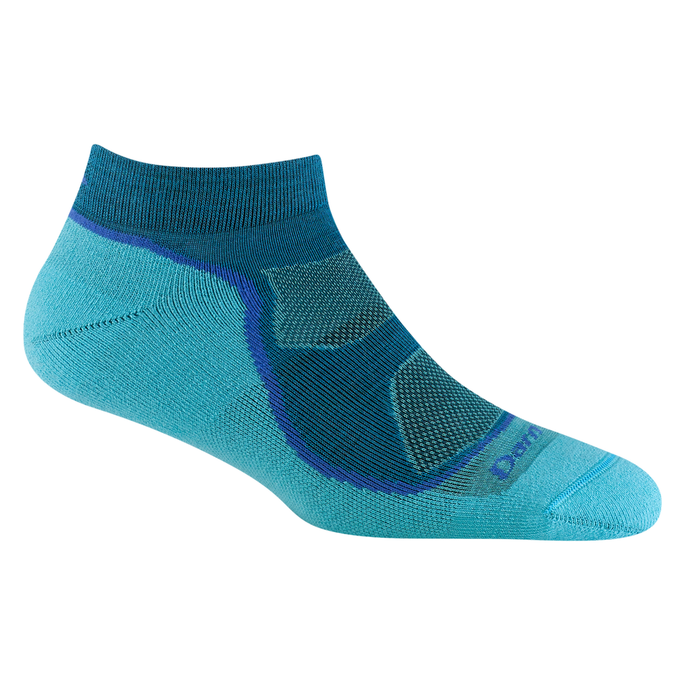 1987 women's light hiker no show hiking sock in cascade blue with teal underfoot and royal blue forefoot outline