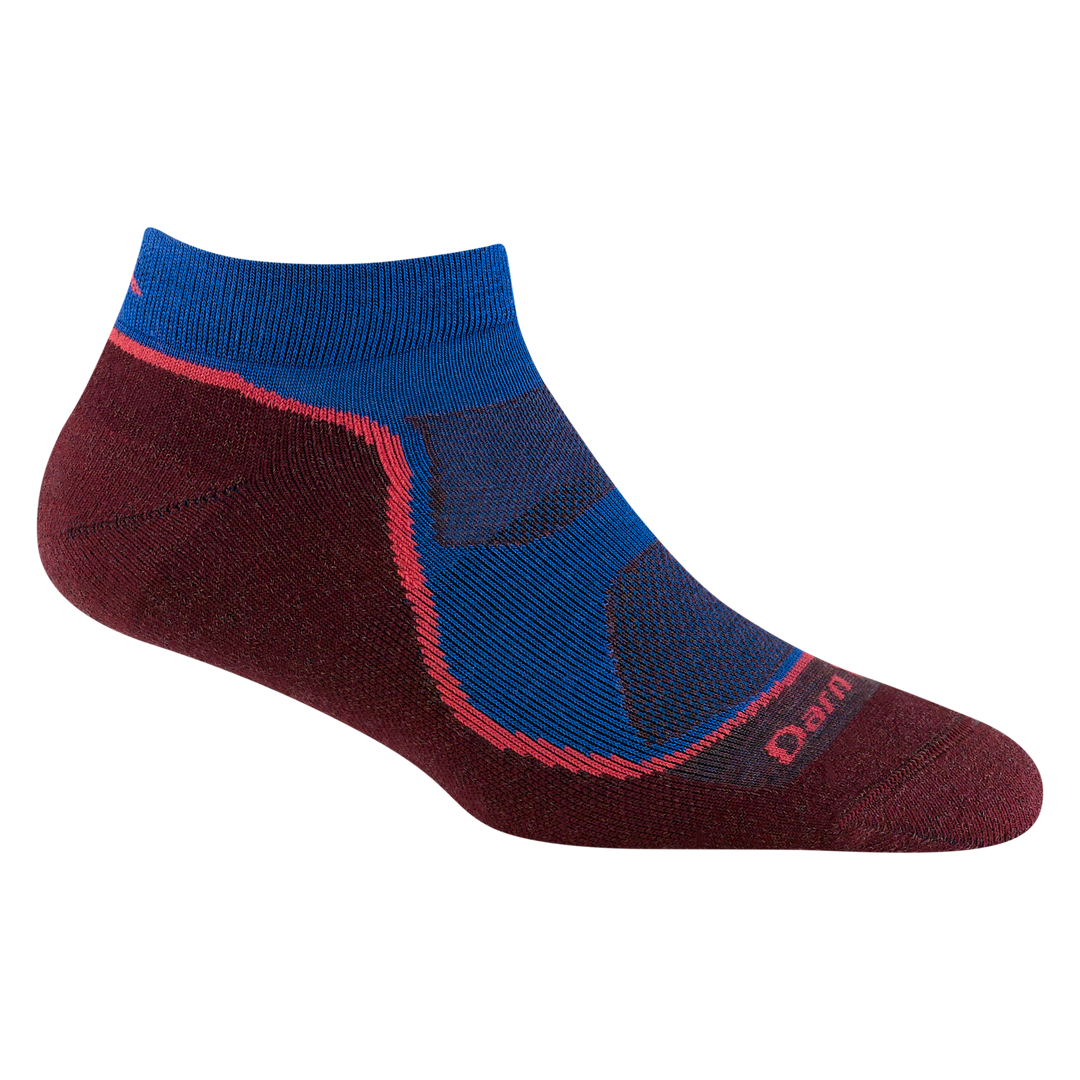 1986 women's light hiker no show hiking sock in marine blue with burgundy accents and coral forefoot outline