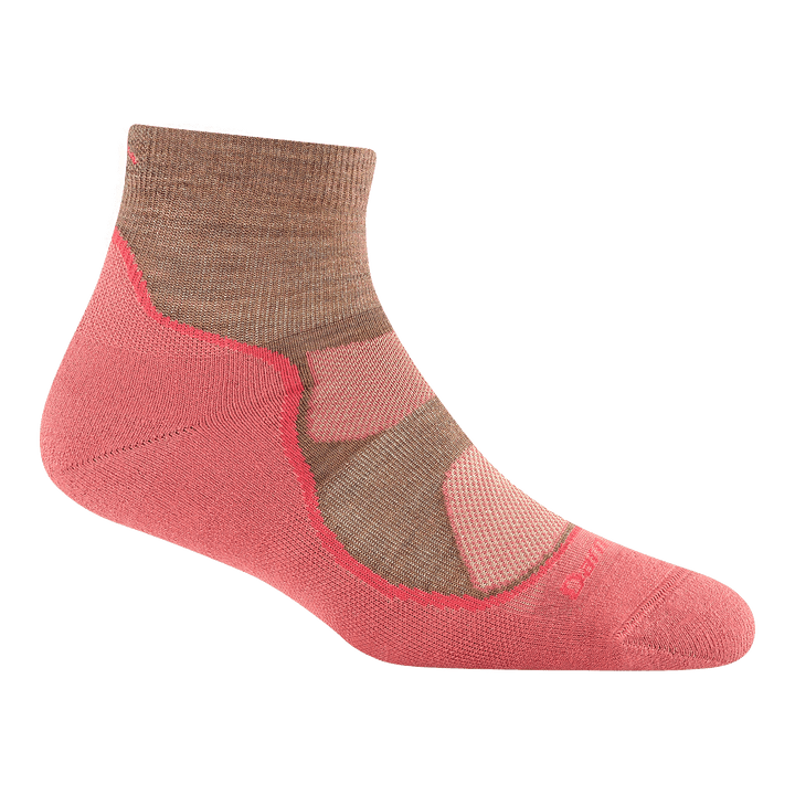 1987 lightweight quarter hiking sock in canyon featuring a pinkish bottom and heel with a brown top and cuff