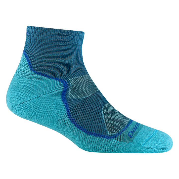 1987 women's light hiker quarter hiking sock in cascade blue with teal underfoot and toe/heel and royal blue forefoot outline