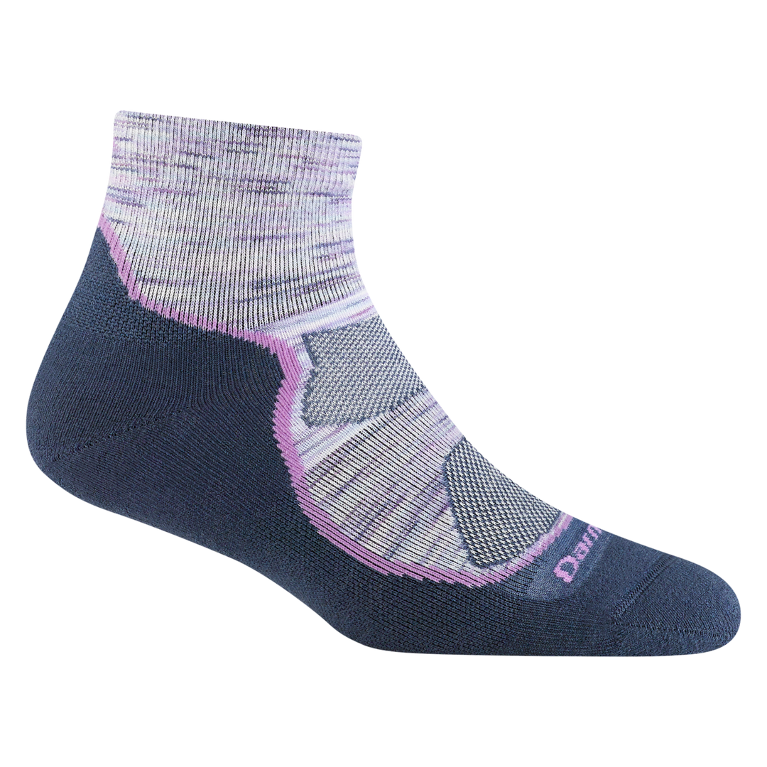 1987 women's light hiker quarter hiking sock in cosmic purple with navy underfoot accents and purple forefoot outline