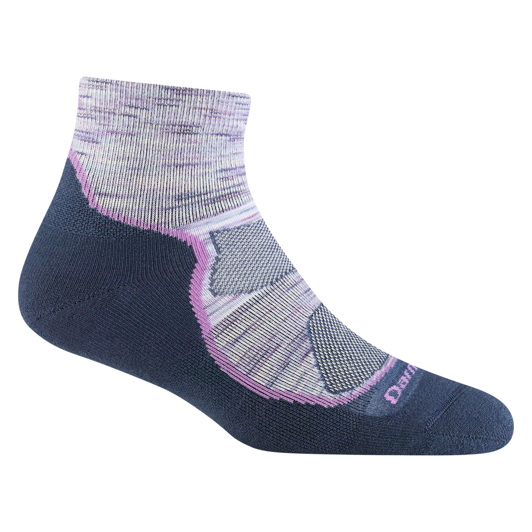 1987 women's light hiker quarter hiking sock in cosmic purple with navy underfoot accents and purple forefoot outline