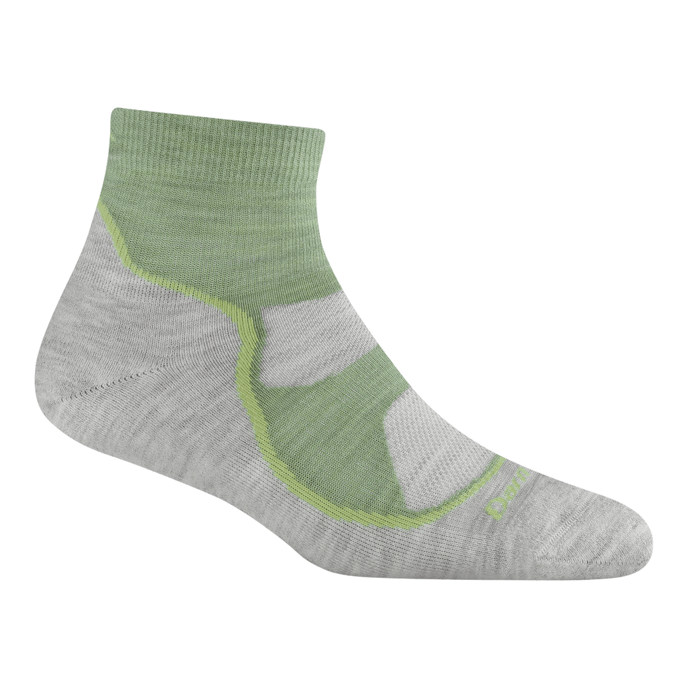 1987 women's light hiker quarter sock in mint green featuring a light gray bottom and heel with a green top of foot and ankle