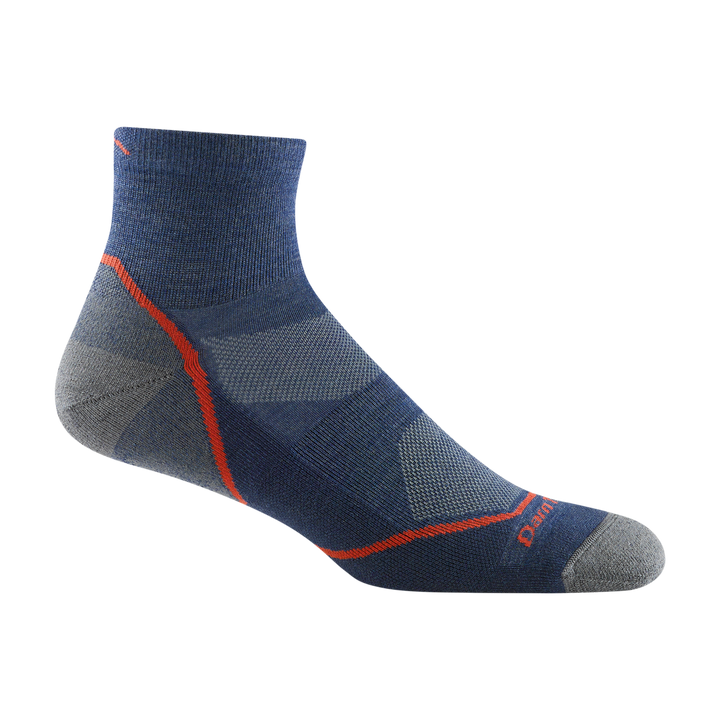 1991 men's light hiker quarter hiking sock in color denim blue with orange stripe on heel and forefoot