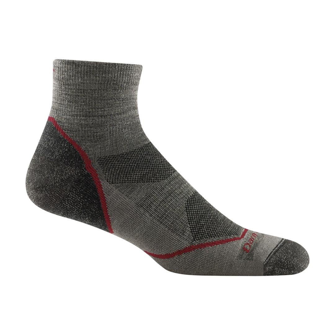 1991 men's light hiker quarter hiking sock in taupe with dark grey toe/heel accents and red stripe on heel and forefoot