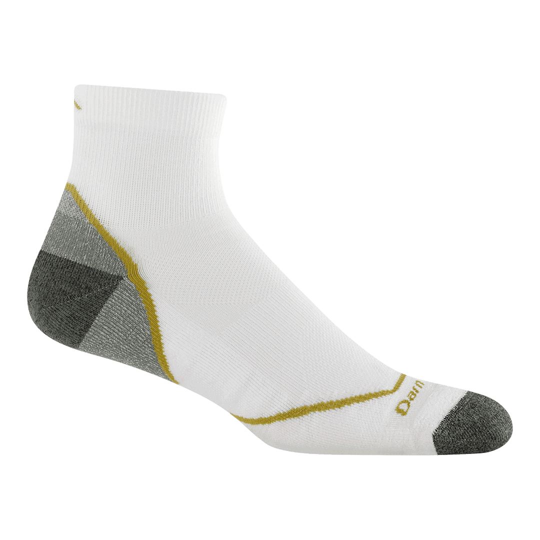 1991 light hiker Quarter in white featuring a taupe heel/toe with white body and gold stripe on foot to ankle 