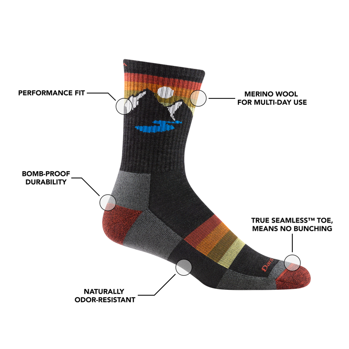 Men's sunset ridge micro crew hiking socks with feature callouts, such as performance fit and bomb-proof durability