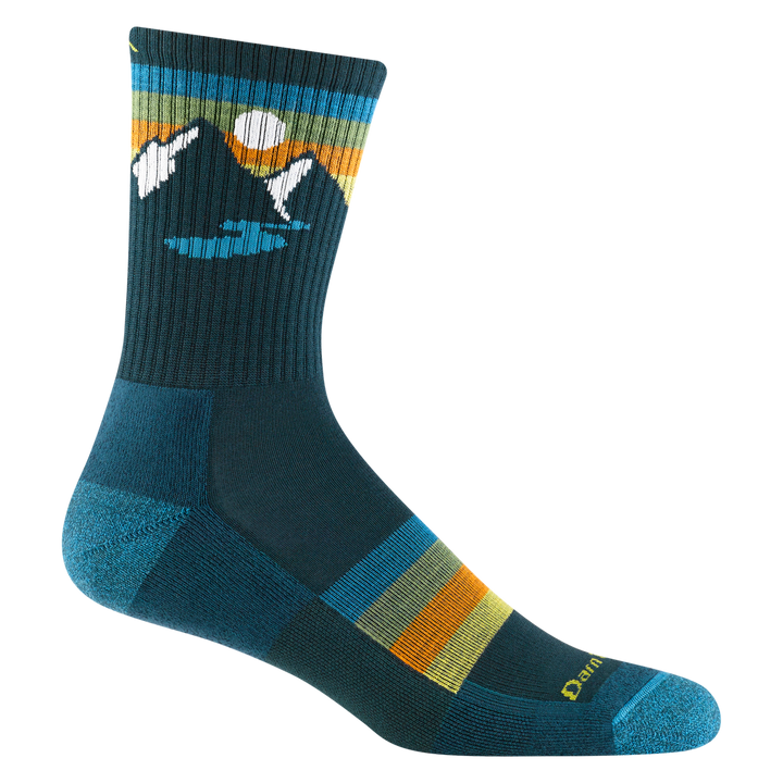 1997 men's sunset ridge micro crew hiking sock in bottle blue with teal toe/heel accents and mountain silhouette detail