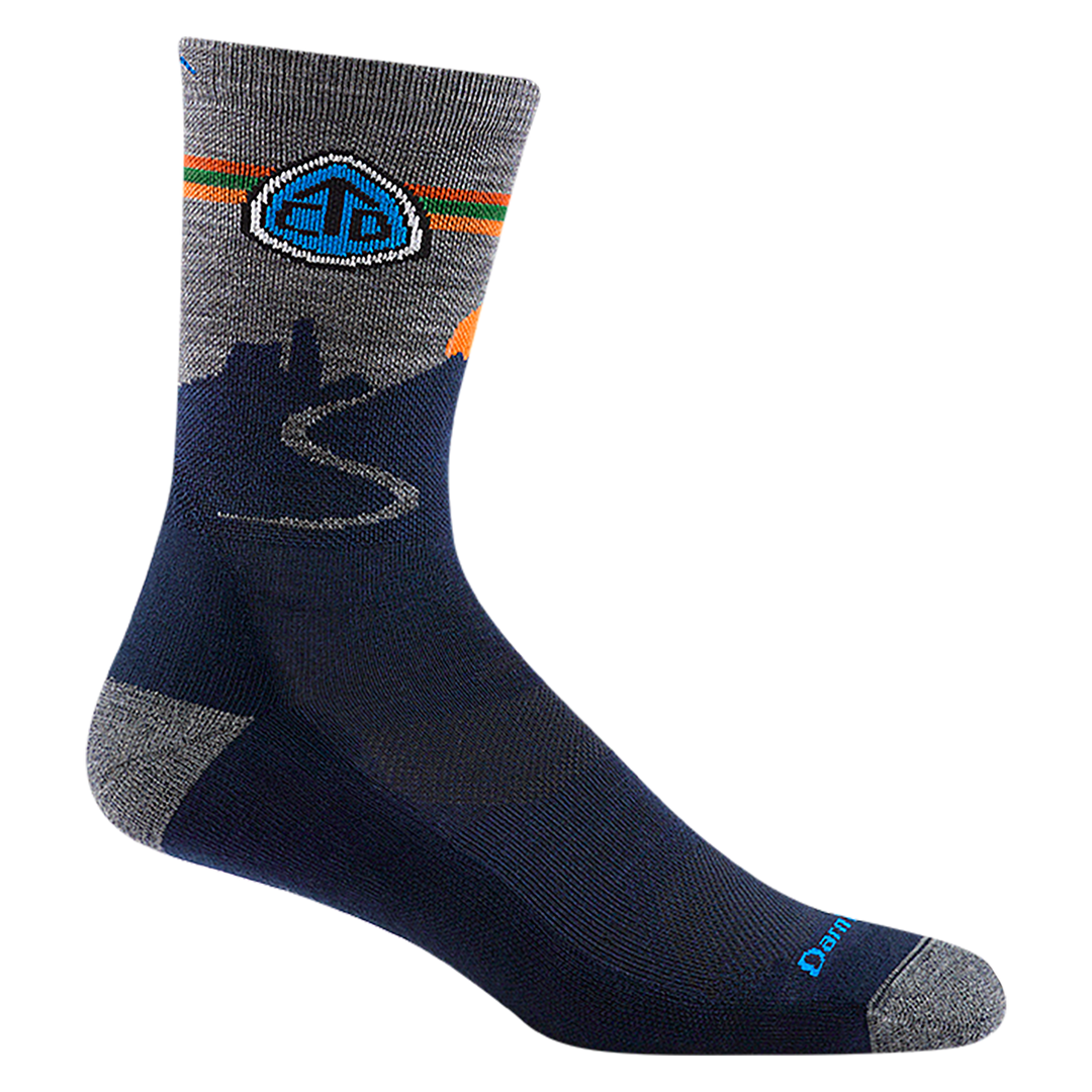 1998 unisex CDT micro crew hiking sock in color navy eclipse with light gray toe/heel accents and orange calf striping