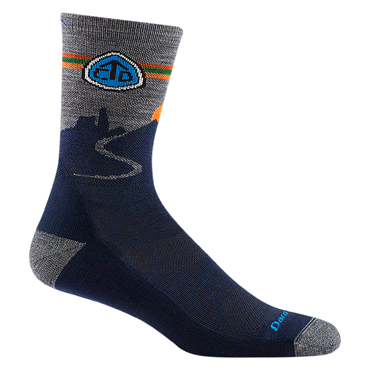 1998 unisex CDT micro crew hiking sock in color navy eclipse with light gray toe/heel accents and orange calf striping