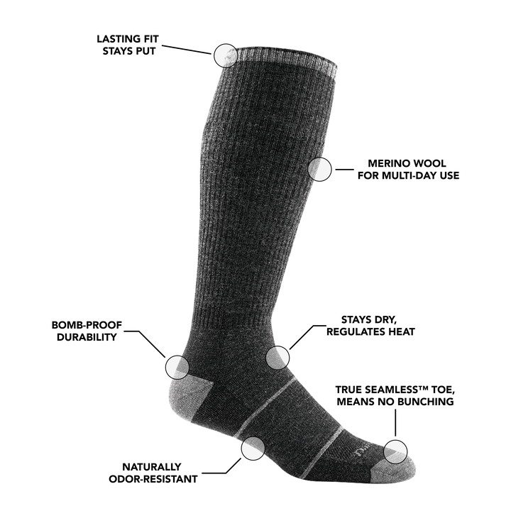 Image of Men's Paul Bunyan Work Sock in Gravel calling out all of it's features and benefits