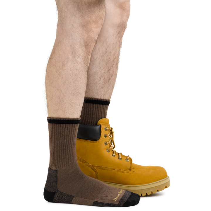 Men's Fred Tuttle Work Socks in Timber Brown on foot with work boots