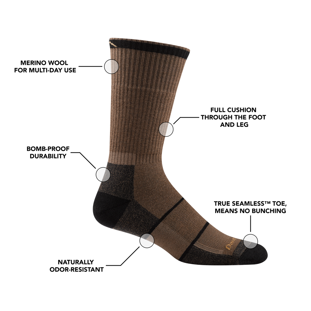 William jarvis boot work sock with feature benefit callouts, such as full foot and leg cushion and bomb-proof durability