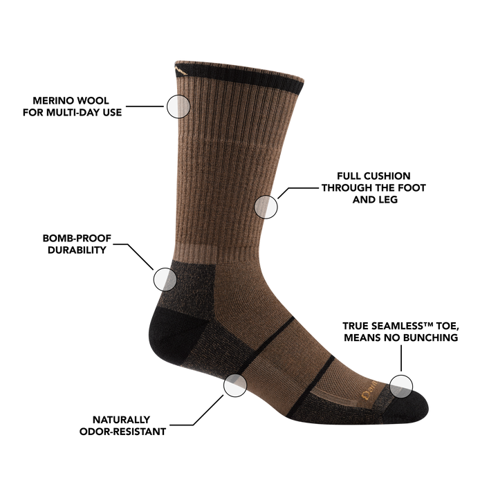 William jarvis boot work sock with feature benefit callouts, such as full foot and leg cushion and bomb-proof durability