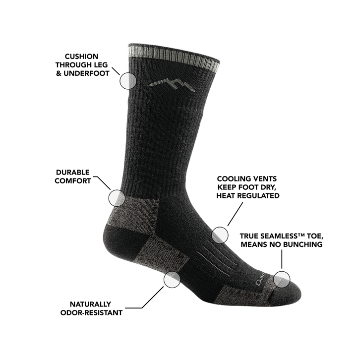 Image of a Hunter Boot Sock in Charcoal calling out all of the features and benefits