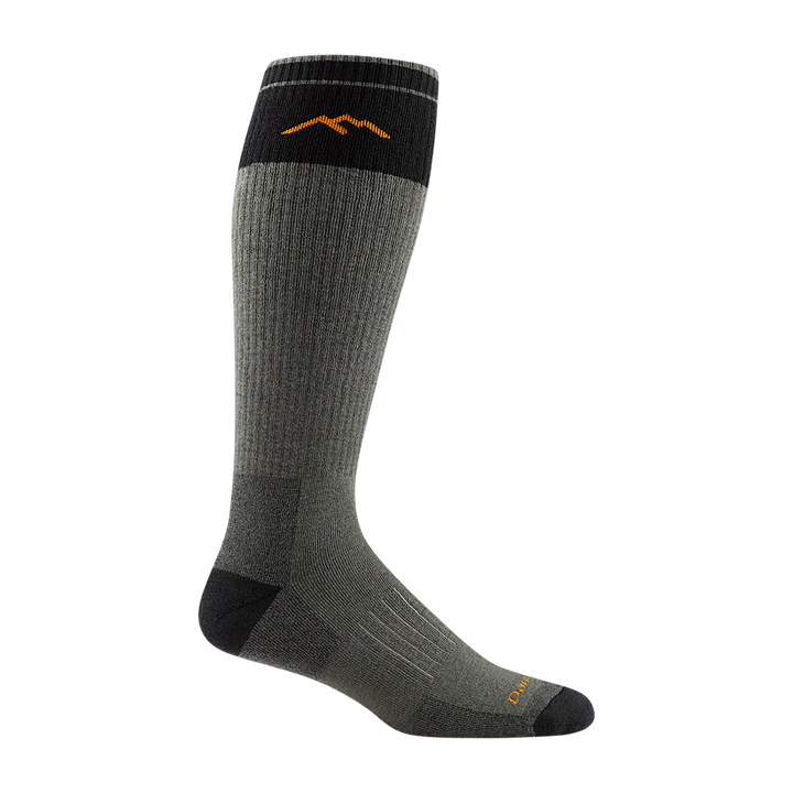 2013 unisex over-the-calf hunting sock in forest green with black toe/heel accents and orange mountail detail on calf