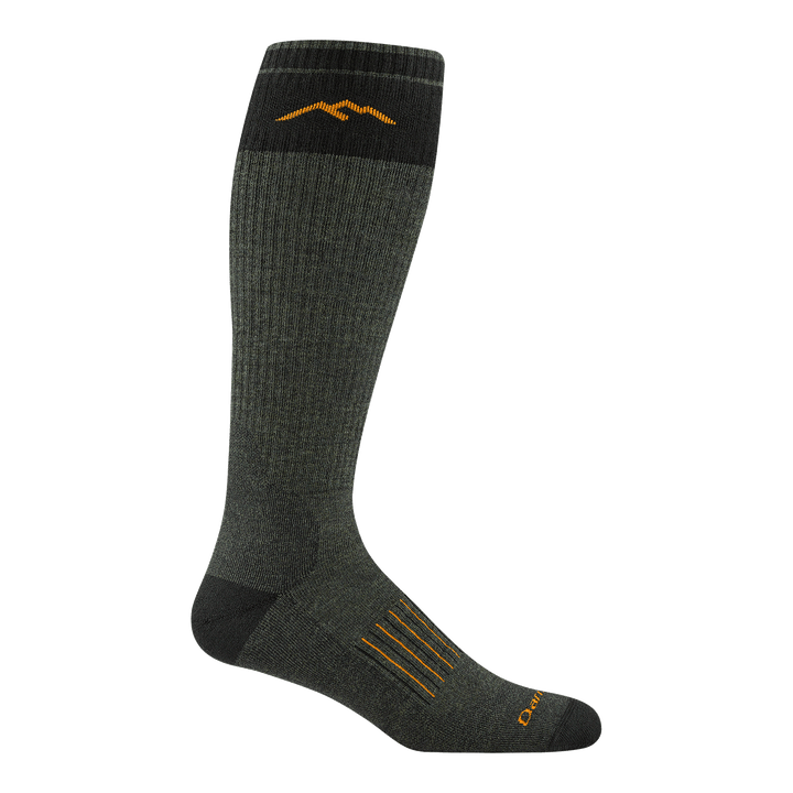 2013 unisex over-the-calf hunting sock in forest green with black toe/heel accents and orange mountain detail on calf