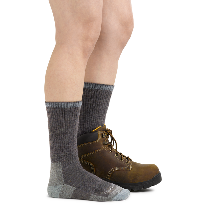 Women's RTR Boot Work Socks in Shale Gray on foot with boots