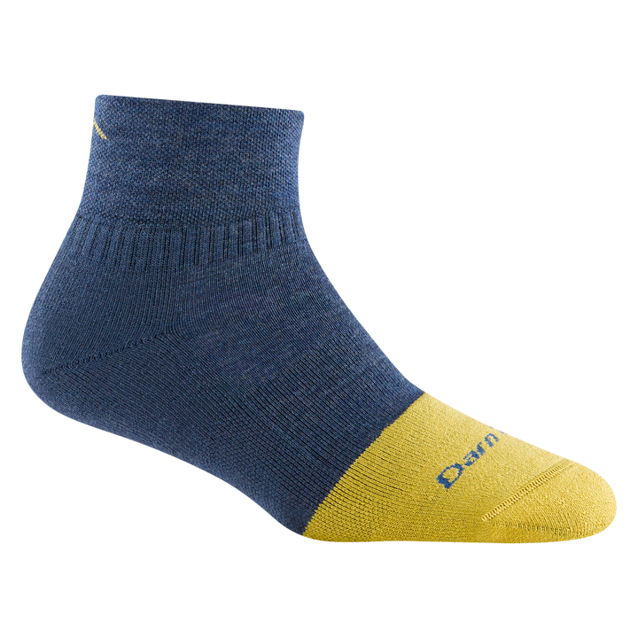 2016 women's steely quarter work sock in color indigo with yellow toe accent and small mountain detail on ankle
