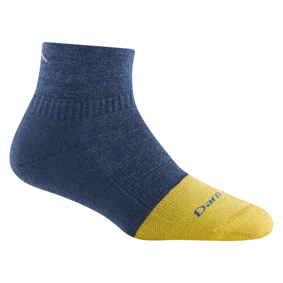2016 women's steely quarter work sock in color indigo with yellow toe accent and small mountain detail on ankle