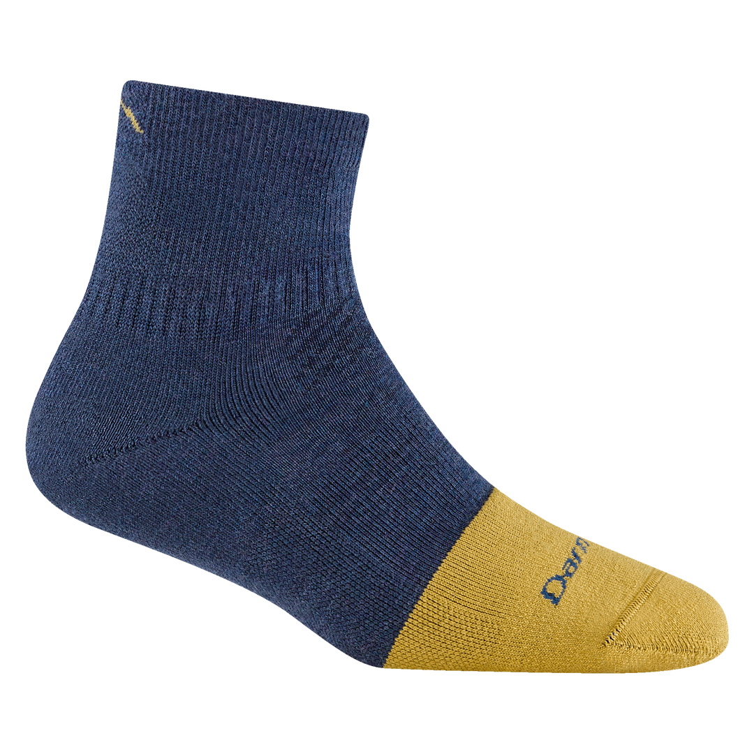 2016 women's steely quarter work sock in color indigo with yellow toe accent and small mountain detail on ankle