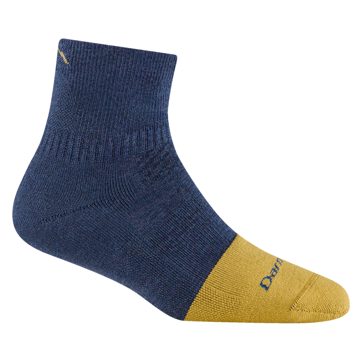 2016 women's steely quarter work sock in color indigo with yellow toe accent and small mountain detail on ankle