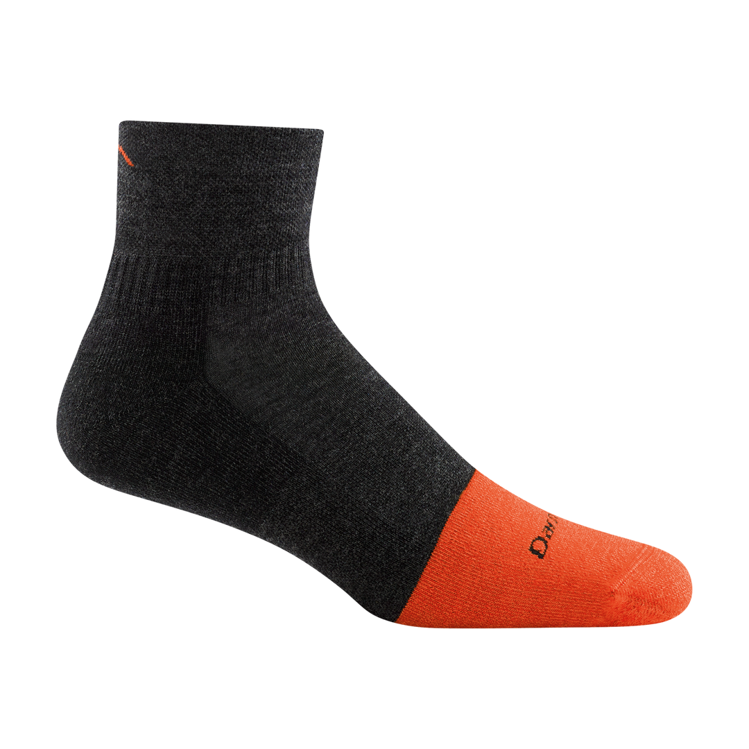 2017 men's steely quarter work sock in graphite gray with bright orange toe accent and small mountain detail on ankle