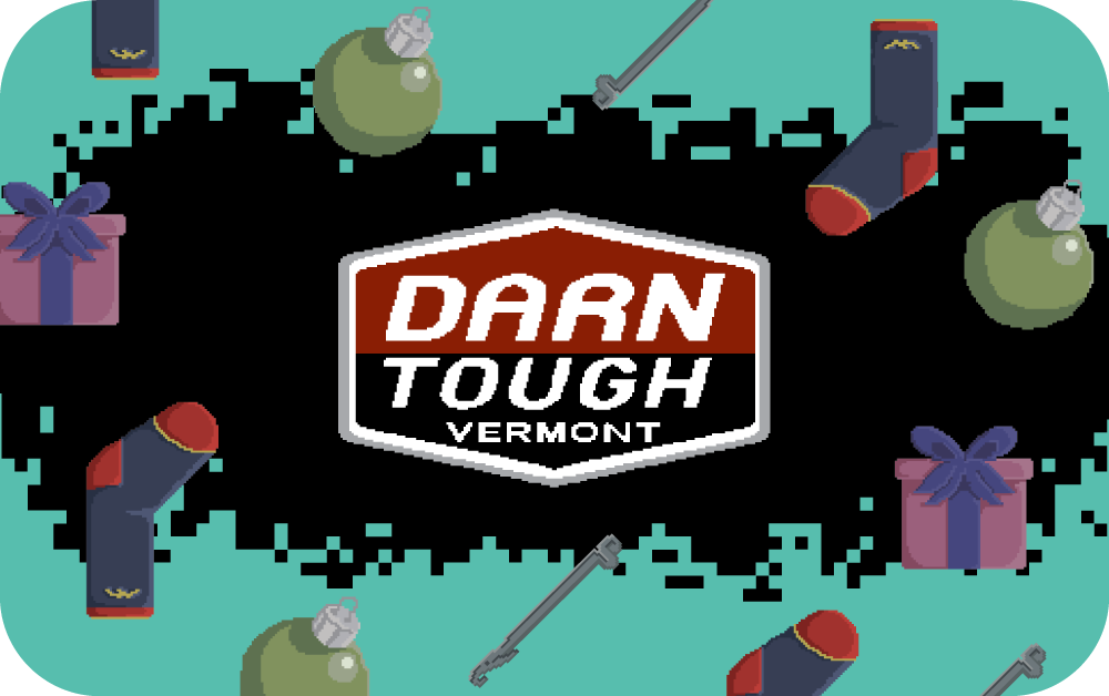 Darn Tough gift card featuring bit-style illustrations of Darn Tough logo, socks, tree ornaments, knitting needles, and wrapped gifts