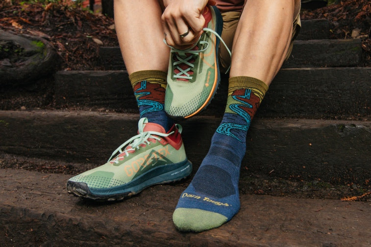 Shop Gifts Ideas for Him - feeling wearing darn tough men's socks with a waterfall design