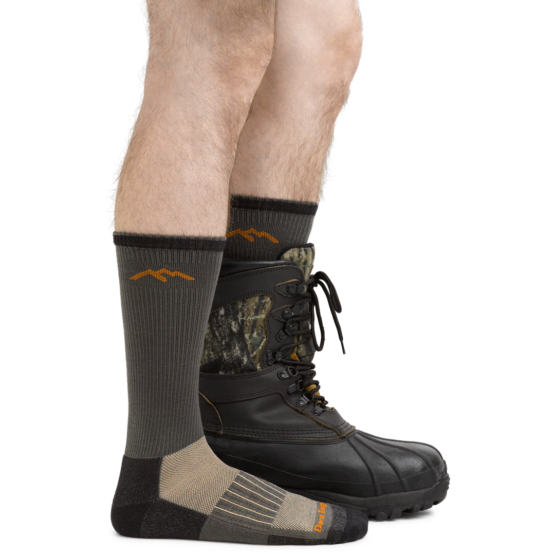 Men's Lightweight Hunting Boots Socks in Forest Green on foot with hunting boots
