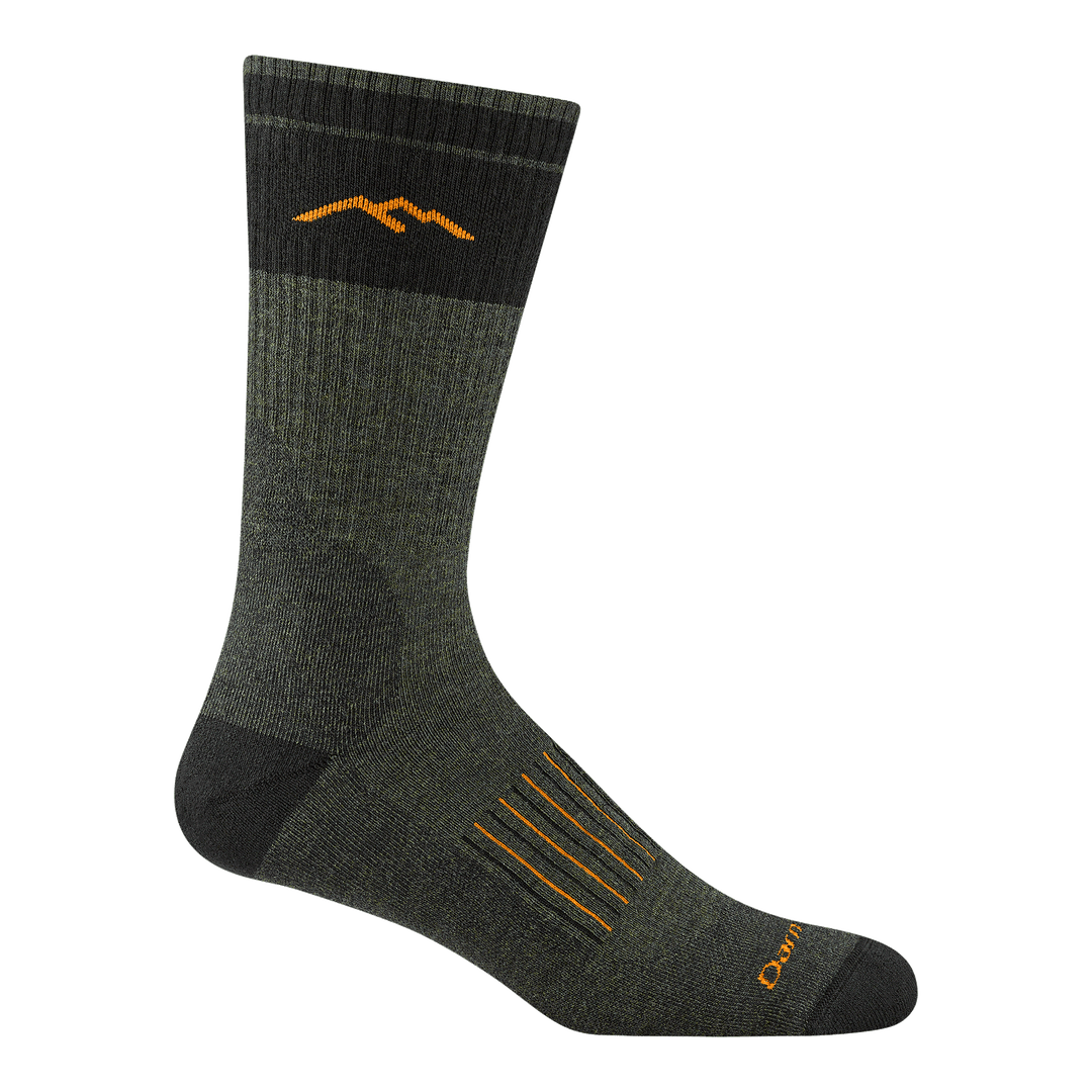 2101 men's hunting boot sock in color forest green with black toe/heel accents and orange mountain detail