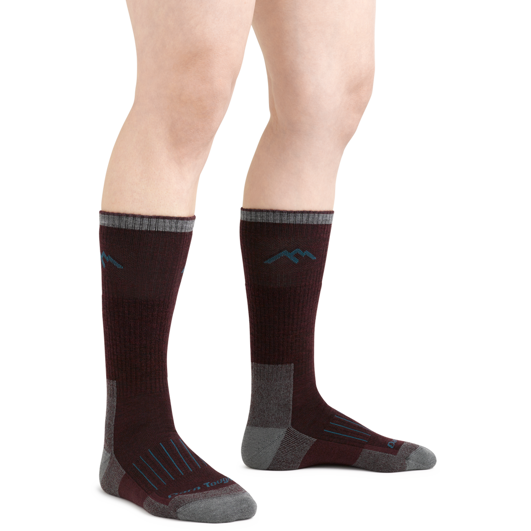 Midweight Women's Hunting Boot Socks in Burgundy on foot