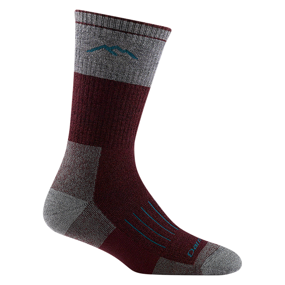 2104 women's hunting boot sock in burgundy with light gray toe/heel accents and grey color block on top-half of calf