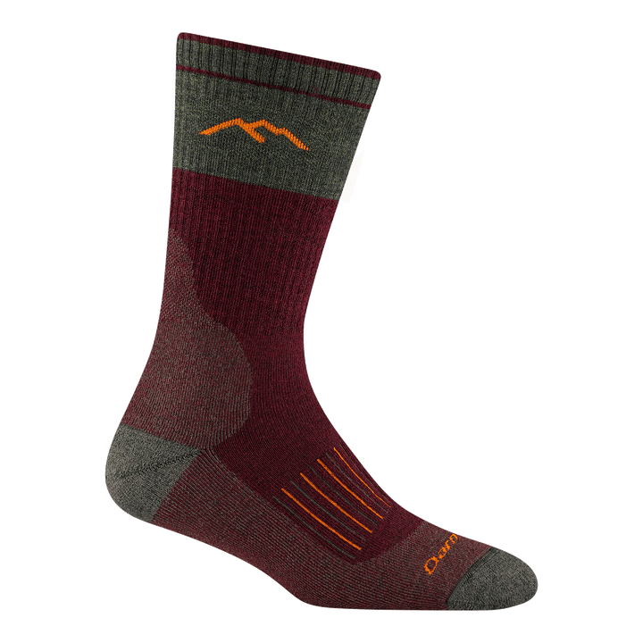 2104 women's hunting boot sock in ember with heather green toe/heel and color block on top-half of calf with orange logo and striping on top of foot