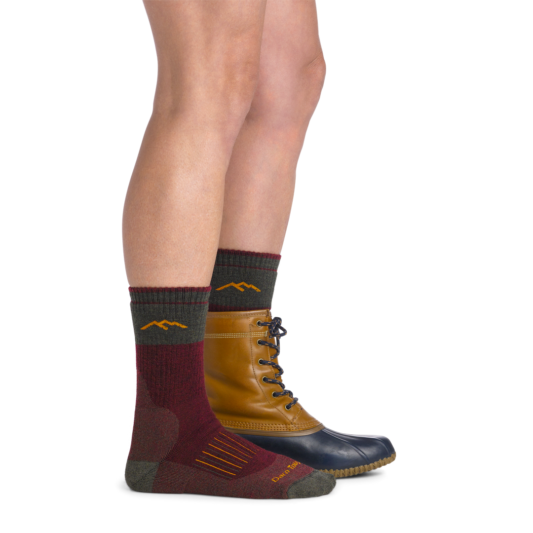 on model image side view back foot in shoe wearing the 2104 hunting boot sock in ember colorway