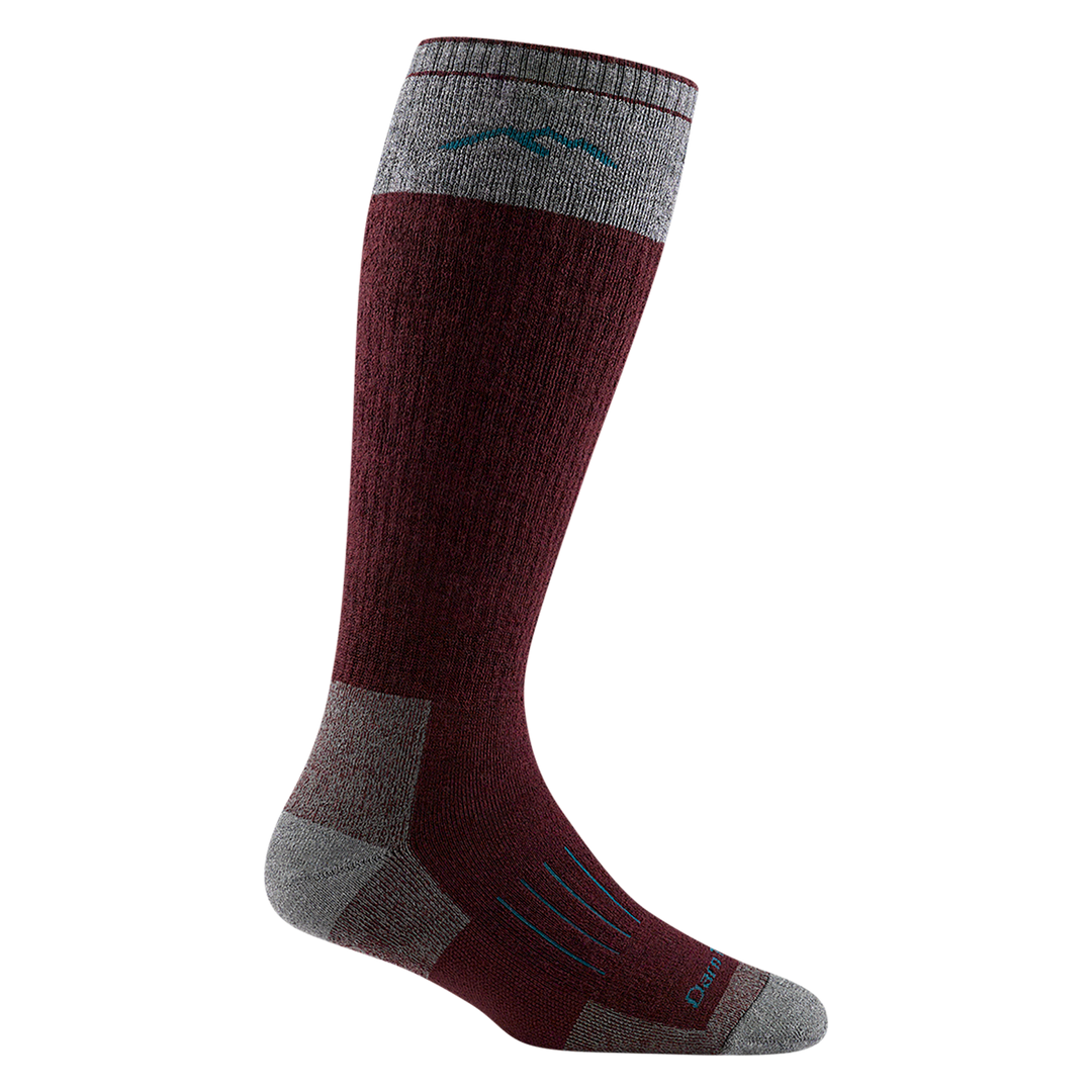 2105 women's over-the-calf hunting sock in burgundy with light gray accents and blue vertical striping on forefoot