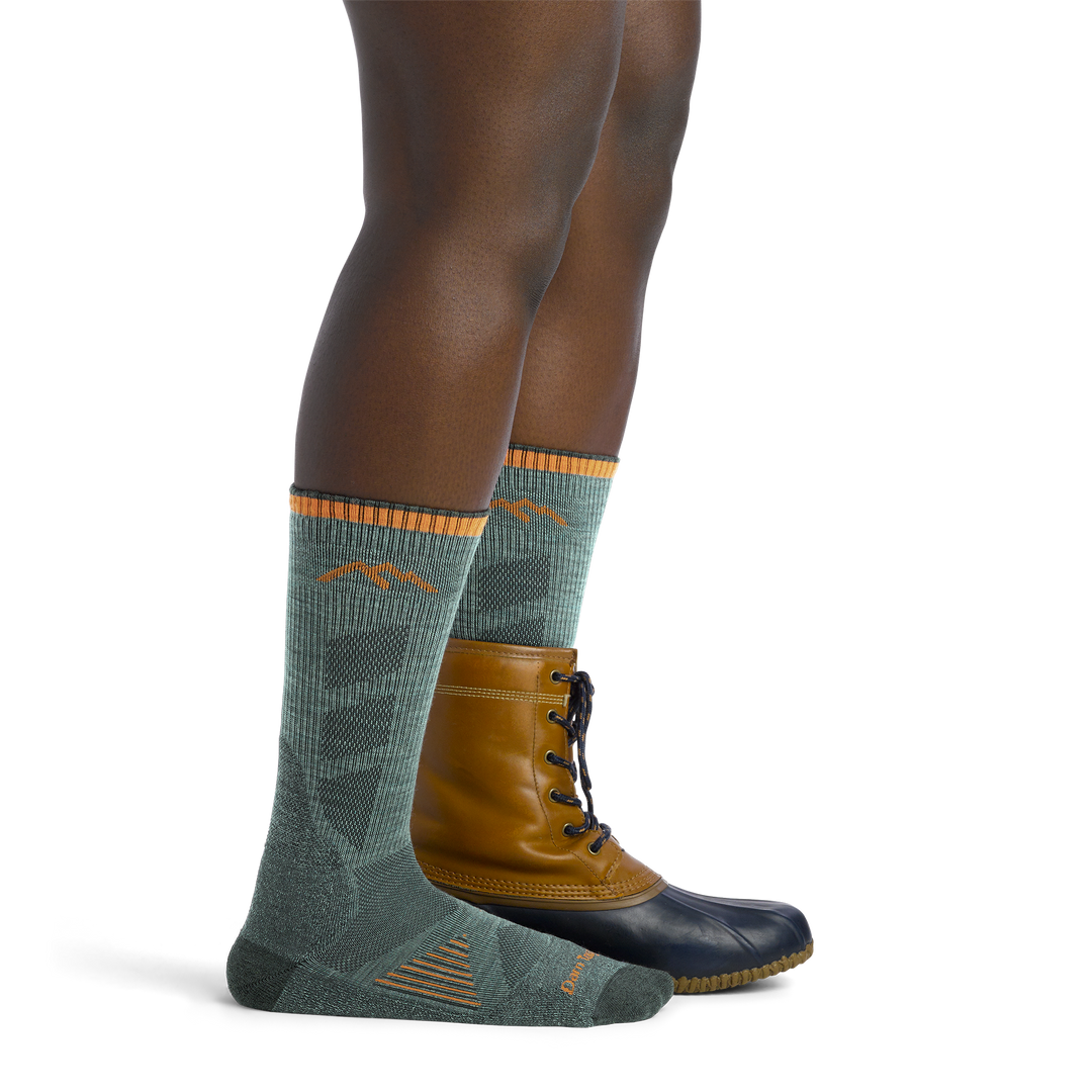 Women's Lightweight Hunting Boots Socks in Seafoam Green on foot with hunting boots