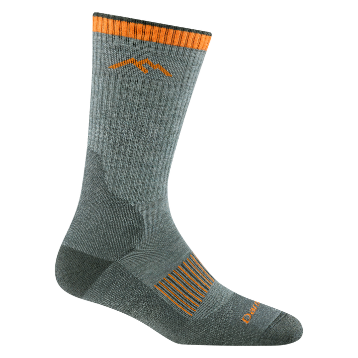 2107 Seafoam boot sock featuring dark green heel/toe and orange logo and cuff with orange vent stipe on foot
