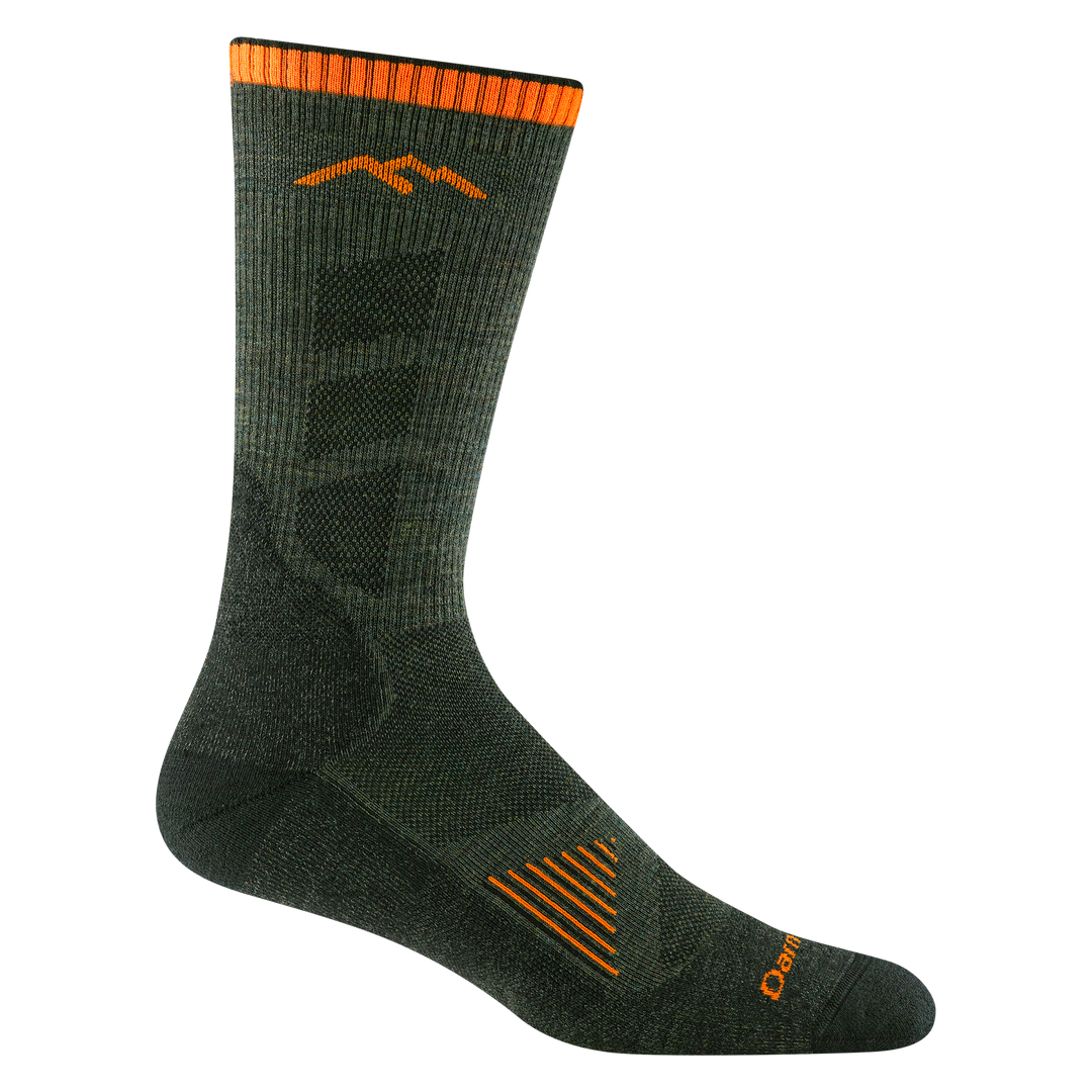 Product image of 2108 Men's Hunting Lightweight Sock featuring orange Darn Tough logo and wordmark accents with orange vents on the instep of the sock with dark green body. 