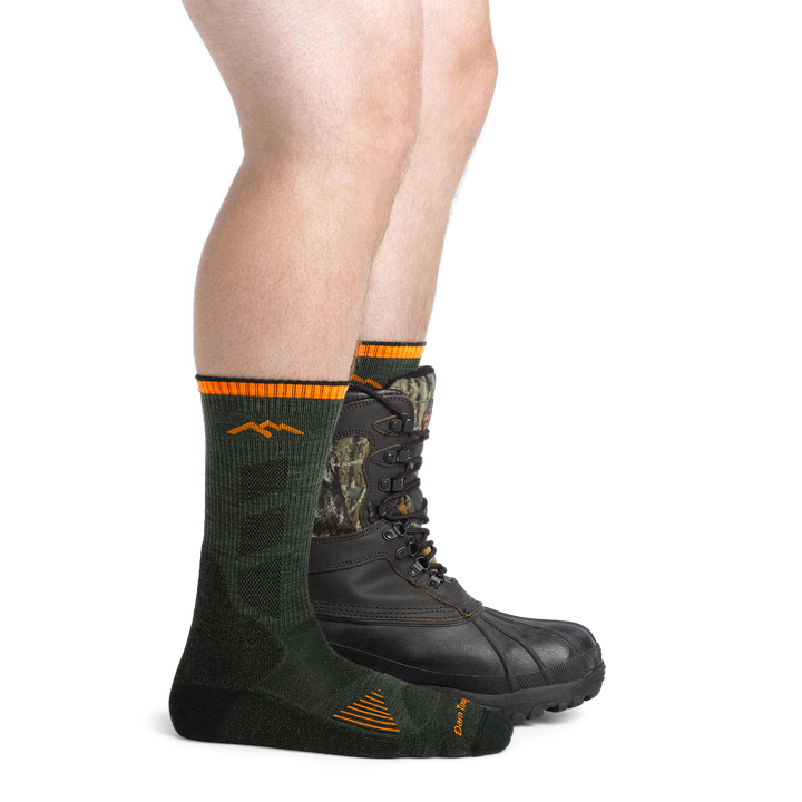 Men's Lightweight Hunting Boots Socks in Forest Green on foot with hunting boots