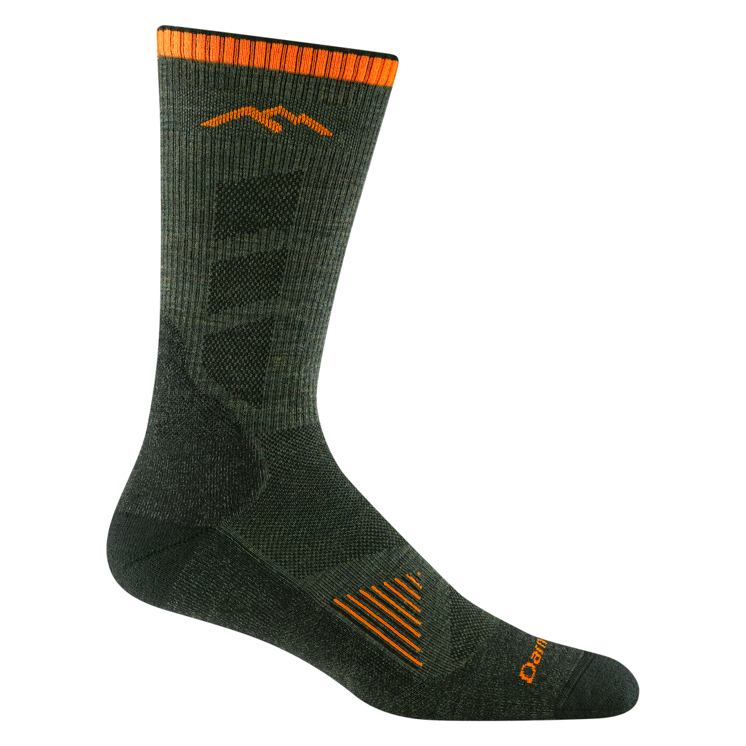 Product image of 2108 Men's Hunting Lightweight Sock featuring orange Darn Tough logo and wordmark accents with orange vents on the instep of the sock with dark green body. 