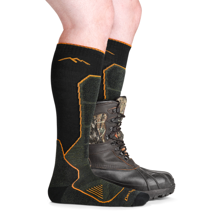 on model image side view boot on back foot wearing the 2116 hunting over the calf sock in Forest colorway