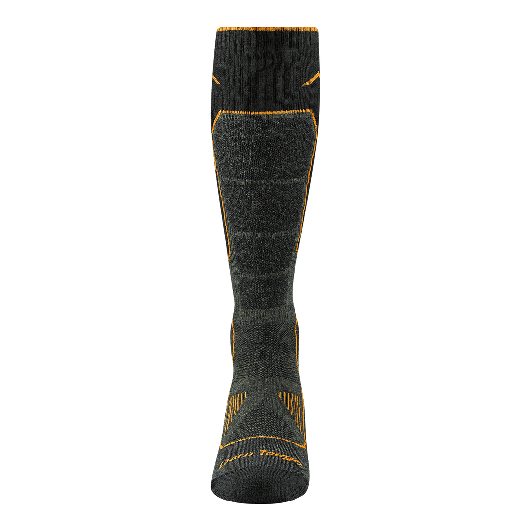 Front image of the 2116 Men's over the calf hunting sock in forest featuring the calf cushioned area and flex area on top of foot