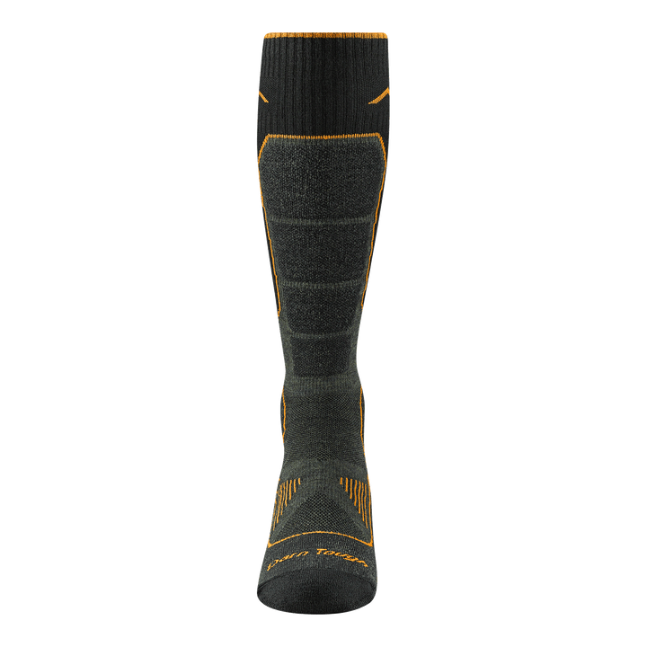 Front image of the 2116 Men's over the calf hunting sock in forest featuring the calf cushioned area and flex area on top of foot