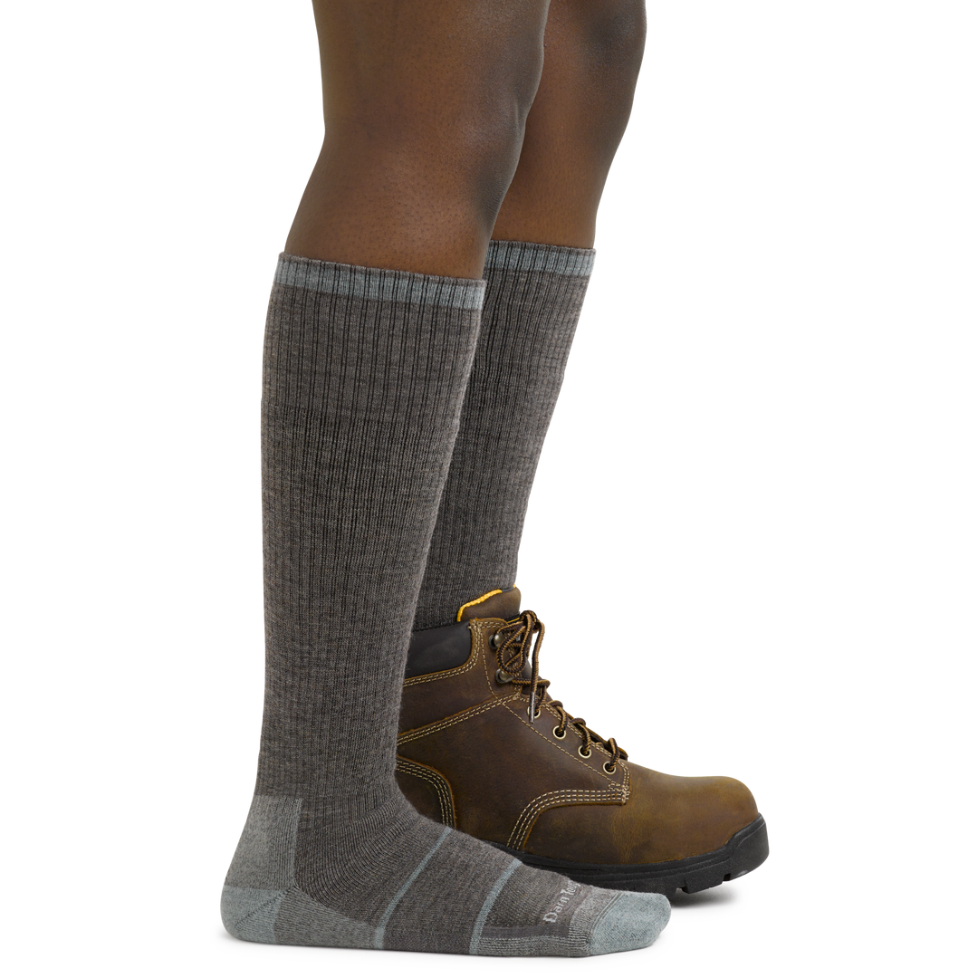Women's Mary Fields Knee High Work Socks in Shale on foot with work boots