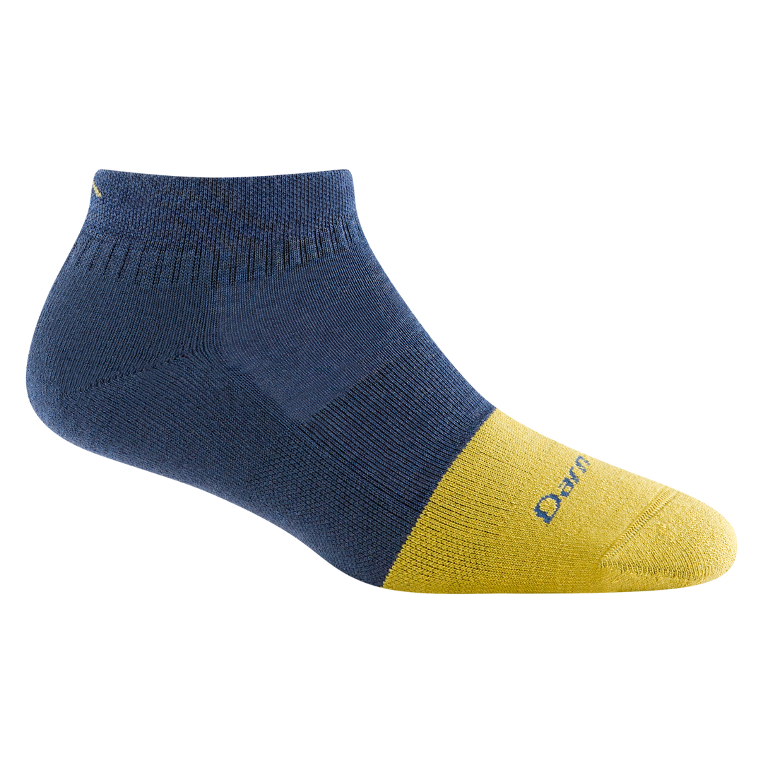 2204 women's steely no show work sock in color indigo with yellow toe accent and small mountain detail on ankle